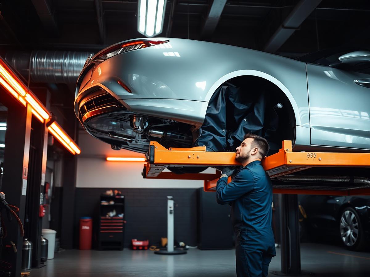 Technician inspecting a car on a lift inside the workshop
